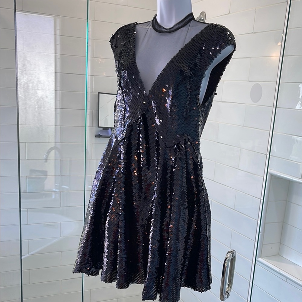 Free People Black Ink Sequin Backless Mini Dress